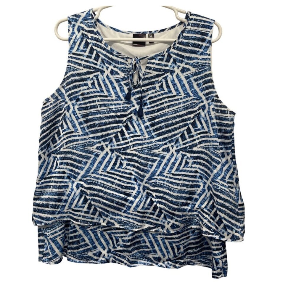 Rafaella Blue White Abstract Sleeveless Blouse With Tie Neck Lined Large